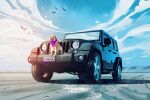  bird black_eyes cloud dog english_commentary flying highres jeep_(company) jeep_wrangler marta_danecka no_humans original purple_bandana shadow sky smile sports_utility_vehicle vehicle_focus 