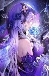  1girl bare_arms bare_shoulders black_gloves black_swan_(honkai:_star_rail) blue_flower blue_rose breasts brown_eyes commentary_request diandao_qin elbow_gloves flower gloves honkai:_star_rail honkai_(series) large_breasts purple_hair rose solo upper_body veil 