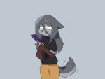 4:3 anthro canid canine canis clothing female fiddleafox flower fur green_eyes grey_body grey_fur hair hi_res long_hair mammal plant sigrid_(fiddleafox) solo tail tail_motion tailwag wolf