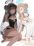  2girls alternate_costume artist_name asuna_(blue_archive) bare_legs barefoot black_dress blue_archive blush braid braided_bun breasts china_dress chinese_clothes cleavage dark-skinned_female dark_skin double_bun dress eyewear_on_head fingernails fur_shawl hair_bun hair_over_one_eye halo haruri highres karin_(blue_archive) kneeling large_breasts long_hair looking_at_viewer multiple_girls one_eye_covered shawl simple_background smile soles sunglasses toes very_long_hair white_background white_dress 