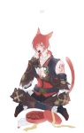  1boy animal_ears black_footwear blush box box_of_chocolates cat_ears cat_tail eating final_fantasy final_fantasy_xiv g&#039;raha_tia highres holding holding_sign indian_style male_focus red_eyes red_hair shoulder_tattoo sign simple_background sitting slit_pupils tail tattoo tladpwl03 white_background 