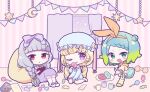  3girls :d blonde_hair blue_dress blue_hair blunt_bangs blush book bow_hairband braid candy chibi closed_mouth crescent cup curtains double_bun doughnut dress food full_body gradient_hair green_eyes green_hair grey_hair hair_bun hairband highres holding holding_book holding_food idol_time_pripara indoors knees_up koda_michiru kokichi_yoko lollipop long_hair long_sleeves looking_at_viewer low_twintails miichiru_(pripara) mug multicolored_hair multiple_girls nijiiro_nino open_book open_mouth orange_hairband pajamas plate pretty_series pripara purple_dress purple_eyes red_eyes short_hair sitting smile standing string_of_flags twin_braids twintails very_long_hair window yumekawa_yui 