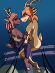 absurd_res anthro antlers areola ariel_(deerkid) bedroom_eyes blush blush_lines boop bottomwear breasts brown_body brown_fur clothed clothed/nude clothing deer deerkid elaine_(blueregardtwo) eyelashes eyes_closed female female/female fur hair hands_on_arms hi_res hooves horn mammal narrowed_eyes night nipples nose_boop nose_kiss nude nude_female orange_hair pants purple_bottomwear purple_clothing purple_pants purple_shirt purple_topwear red_hair scut_tail seductive shirt short_tail sitting smile smiling_at_partner tail tail_motion tailwag topwear undressing undressing_another undressing_partner utility_pole