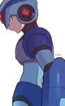  armor artist_name blue_eyes blue_headwear closed_mouth forehead_jewel from_side helmet highres male_focus mega_man_(series) mega_man_x8 mega_man_x_(series) shoulder_pads signature simple_background solo vani_(hisha_04) white_background x_(mega_man) 