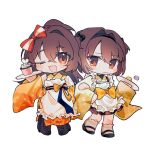  2girls alternate_costume apron black_bow black_footwear boots bow brown_hair chibi food full_body hair_between_eyes hair_bow hairband holding holding_plate hyuuga_(kancolle) ise_(kancolle) japanese_clothes kantai_collection kazeshio kimono long_hair long_sleeves looking_at_viewer macaron maid multiple_girls one_eye_closed open_mouth orange_eyes orange_kimono plate ponytail red_bow shoes short_hair simple_background wa_maid white_apron white_background wide_sleeves yellow_kimono 