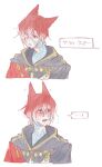  ! ... 1boy animal_ears cat_ears crystal_exarch final_fantasy final_fantasy_xiv flying_sweatdrops g&#039;raha_tia multiple_views open_mouth red_eyes red_hair robe simple_background spoken_ellipsis spoken_exclamation_mark tladpwl03 white_background white_hair 