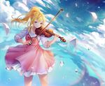  blonde_hair blue_eyes cloud cloudy_sky commentary_request dated day dress highres ika_(4801055) instrument miyazono_kawori ponytail shigatsu_wa_kimi_no_uso signature sky smile solo star_(sky) starry_sky violin water_drop 