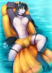 anthro hi_res lemur male mammal nude pinup pose primate sea simple_background solo strepsirrhine summer sunnyowi tail water