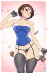  1girl artist_name black_panties blue_eyes blush breasts brown_hair cleavage commentary english_commentary g-string gloves highres jill_valentine kajin_(kajinman) lace-trimmed_panties lace_trim large_breasts lingerie looking_at_viewer mole mole_on_armpit mole_on_breast mole_on_crotch mole_on_stomach panties patreon_username resident_evil shiny_skin short_hair smile solo thighhighs thighs thong underwear web_address 