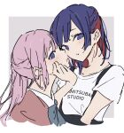 2girls atenaba blue_bow blue_bowtie blue_hair blush bow bowtie cheek_squash collared_shirt forehead-to-forehead grey_background hand_on_another&#039;s_face heads_together highres kaf_(kamitsubaki_studio) kamitsubaki_studio medium_hair multicolored_hair multiple_girls pink_hair pink_sweater ponytail red_hair rim_(kamitsubaki_studio) shirt short_sleeves streaked_hair suspenders sweater two-tone_background upper_body white_background white_shirt yellow_pupils yuri 