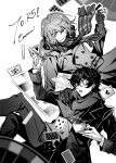  2boys ;o ace_(playing_card) ace_of_hearts akechi_gorou amamiya_ren artist_name belt card catrom_nya chess_piece chessboard chinese_commentary coat commentary_request cup dart dartboard falling five_of_diamonds glasses gloves greyscale hand_on_another&#039;s_shoulder hand_up heart highres holding holding_chess_piece holding_cup holding_dart joker_(playing_card) long_sleeves looking_at_another male_focus monochrome multiple_boys one_eye_closed open_mouth pants persona persona_5 persona_5_the_royal plaid plaid_scarf playing_card scarf short_hair simple_background sweat sweater teacup v-shaped_eyebrows 