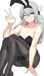  1girl absurdres animal_ears bare_arms bare_shoulders black_hairband black_leotard black_pantyhose blush breasts cleavage commentary fake_animal_ears feet_out_of_frame firefly_(honkai:_star_rail) grey_hair grin hairband highres honkai:_star_rail honkai_(series) kagurachi knees_up leotard long_hair looking_at_viewer medium_breasts one_eye_closed pantyhose playboy_bunny purple_eyes rabbit_ears simple_background sitting smile solo strapless strapless_leotard thighband_pantyhose thighs very_long_hair white_background 