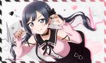  1girl :q absurdres alternate_hairstyle black_bow black_choker black_hair black_nails bow breasts choker claw_pose clothing_cutout collarbone commentary_request dated earrings grey_eyes hair_bow heart heart_earrings heartbeat highres jewelry jirai_kei leaning_forward long_sleeves looking_at_viewer love_live! love_live!_nijigasaki_high_school_idol_club medium_breasts pink_shirt shirt shoulder_cutout sidelocks solo soul_evan tongue tongue_out twintails twitter_username upper_body v-shaped_eyebrows yuuki_setsuna_(love_live!) 