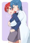  2girls blue_eyes blue_hair blue_jacket blush border coat commentary_request dress flying_sweatdrops grey_dress highres hug hug_from_behind jacket jenny_(artist) lab_coat long_sleeves looking_at_another love_live! love_live!_superstar!! multiple_girls open_mouth outside_border purple_background red_eyes red_hair school_uniform sidelocks standing teeth upper_body upper_teeth_only wakana_shiki white_border white_coat winter_uniform yoneme_mei yuigaoka_school_uniform yuri 