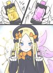  abigail_williams_(fate/grand_order) bangs black_bow black_hat blonde_hair blue_eyes blush bow closed_mouth commentary doyagao eyebrows_visible_through_hair fate/grand_order fate_(series) hair_bow hands_up hat holding kamen_rider kamen_rider_build_(series) key keyring lock long_hair looking_at_viewer orange_bow padlock parted_bangs polka_dot polka_dot_bow shaking smile tentacles v-shaped_eyebrows very_long_hair 