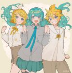  1boy 2girls :d bangs_pinned_back black_thighhighs blonde_hair blue_eyes blue_hair blue_necktie blue_skirt bow breast_pocket closed_mouth collared_shirt cowboy_shot floating_hair grey_pants grey_shirt grey_shorts grin hair_bow hair_ornament hassan_(sink916) hatsune_miku high-waist_shorts highres holding_hands kagamine_len kagamine_rin looking_at_viewer miniskirt multiple_girls nail_polish neck_ribbon necktie open_mouth pants pleated_skirt pocket ribbon sailor_collar shirt shirt_tucked_in short_hair shorts side-by-side sidelocks skirt smile thighhighs twintails vocaloid white_bow white_sailor_collar white_shirt x_hair_ornament yellow_nails yellow_ribbon zettai_ryouiki 