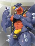 abs anthro barazoku biceps cellphone clothed clothing clothing_lift electronics fish garchomp generation_4_pokemon hi_res hoodie looking_at_viewer male marine muscular muscular_anthro muscular_male nintendo pecs phone pokemon pokemon_(species) purple_body selfie shark shark_fin sharkinn smartphone smile solo spikes teeth topwear underwear yellow_eyes