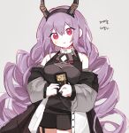  12_akn 1girl arknights black_shirt black_shorts blush breasts coat commentary_request cowboy_shot drill_hair grey_background grey_coat headband headhunting_permit_(arknights) holding horns korean_commentary large_breasts light_smile long_hair long_sleeves looking_at_viewer off_shoulder purple_eyes purple_hair shirt shorts simple_background solo thigh_strap translation_request typhon_(arknights) very_long_hair 