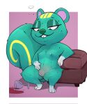 animal_crossing anthro blush breasts container female genitals hand_on_belly hi_res honeymono leaning_on_object liquid looking_back mammal narrowed_eyes nibbles_(animal_crossing) nintendo nipples pussy rodent sciurid simple_background small_breasts smile solo tree_squirrel