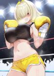  1girl absurdres ahoge alternate_costume black_sports_bra blonde_hair boxing boxing_gloves boxing_ring breasts chinese_commentary cowboy_shot crowd dolphin_shorts elegg_(nikke) gloves goddess_of_victory:_nikke grin hair_intakes hair_over_eyes highres large_breasts long_bangs looking_at_viewer navel purple_eyes short_hair short_shorts shorts sideboob smile solo sports_bra stage_lights standing steaming_body stomach sweat xiahou_qiulan yellow_gloves yellow_shorts 