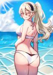  1girl :d alternate_costume alternate_hairstyle arms_at_sides ass ass_focus bikini black_hairband blonde_hair blue_sky caustics cloud corrin_(female)_(fire_emblem) corrin_(fire_emblem) cowboy_shot fire_emblem fire_emblem_fates from_behind grin hair_between_eyes hairband hand_on_own_stomach highres horizon legs_together looking_at_viewer median_furrow ocean one_eye_closed open_mouth ponytail red_eyes rotomdocs sidelocks signature sky smile solo swimsuit teeth thighs water white_bikini 