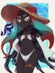  aqua_hair aqua_pupils bikini black_skin brown_headwear colored_skin cowboy_shot finn_feeder_(splatoon) flat_chest flower hand_on_own_hip hat hat_flower hat_ribbon highres looking_at_viewer mian_noodle navel o-ring o-ring_bikini parted_lips purple_ribbon red_eyes red_flower red_hair ribbon splatoon_(series) swimsuit white_bikini 