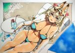  1girl abs animal_ear_fluff aqua_bikini aqua_nails bikini blonde_hair blush breasts brown_eyes cocktail drinking_straw florida_bikini hair_ornament hairclip highres large_breasts long_hair looking_at_viewer navel original sabusupi swimsuit tan traditional_media tropical_drink 