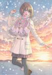  1girl blue_eyes boots brown_hair coat duffel_coat fur-trimmed_boots fur_trim hair_ornament hairclip highres k.nishiyama long_sleeves open_mouth original outdoors painting_(medium) pantyhose pleated_skirt scarf short_hair skirt sky smile snowing solo sunset traditional_media watercolor_(medium) 