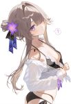  1girl ? alternate_hairstyle bare_shoulders black_bra black_panties black_ribbon blue_ribbon blush bow bra breasts brown_hair collarbone commentary_request doll_joints flower hair_bun hair_flower hair_ornament hair_over_one_eye hair_ribbon hands_up herta_(honkai:_star_rail) highres honkai:_star_rail honkai_(series) joints long_hair long_sleeves looking_at_viewer open_clothes open_shirt panties poki_(j0ch3fvj6nd) puffy_long_sleeves puffy_sleeves purple_bow purple_eyes purple_flower ribbon see-through see-through_shirt shirt sidelocks simple_background small_breasts solo speech_bubble standing teeth tied_shirt underwear white_background white_shirt 