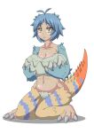 ahoge animal_humanoid big_breasts blue_body blue_hair blue_scales blue_stripes blush breasts capcom claws cleavage clothed clothing dark_body dark_skin dodogama eyelashes fanged_wyvern female grey_claws hair hi_res holding_breast huge_breasts humanoid kneeling lizard_humanoid monster_hunter navel neon_(pixiv) orange_body orange_scales reptile reptile_humanoid scales scalie scalie_humanoid short_hair simple_background solo stripes tail tailed_humanoid thick_thighs white_background wide_hips yellow_body yellow_eyes yellow_scales