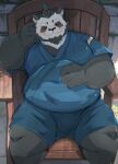 2024 anthro bear belly black_body black_fur black_nose blush bottomwear chair clothing detailed_background eyes_closed fur furniture giant_panda hi_res humanoid_hands jinbei_(clothing) kemono male mammal overweight overweight_male shorts sitting solo tengzai05 white_body white_fur