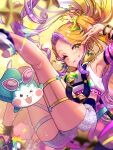  &gt;_o 1girl :3 armpits blush_stickers bracelet chimumu chimumu_(hamster) commentary_request earrings eyewear_on_head grey_shorts hamster highres jewelry knee_up kneepits leg_up long_hair looking_at_viewer moukinui multicolored_hair one_eye_closed open_mouth orange_hair pink-tinted_eyewear pretty_series purple_hair shirt shorts smile star_(symbol) star_earrings streaked_hair sunglasses thigh_strap tinted_eyewear waccha_primagi! white-framed_eyewear white_shirt yayoi_hina yayoi_hina_(primagista) 