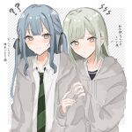 2girls ? ?? arrow_(symbol) bang_dream! bang_dream!_it&#039;s_mygo!!!!! black_ribbon blue_hair blush brown_eyes closed_mouth collared_shirt commentary_request drawstring green_hair green_necktie grey_hoodie hair_ribbon hands_on_another&#039;s_arm highres hood hoodie multiple_girls necktie nervous_sweating open_clothes open_hoodie ribbon shirt smile sweat togawa_sakiko translation_request two_side_up upper_body wakaba_mutsumi white_shirt yellow_eyes yuruha_(yuruha_cat) 