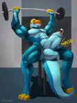 absurd_res anthro balls bench_press big_balls big_penis blue_body blue_scales bodily_fluids clenched_teeth collared_lizard common_collared_lizard cum digital_media_(artwork) erection fingers genital_fluids genitals gym hi_res huge_balls huge_penis humanoid_genitalia humanoid_penis hyper hyper_balls hyper_genitalia hyper_penis lizard male monroe_lehner muscular muscular_male nude pecs penis raised_arm reptile scales scalie simple_background smile snow.hound solo tail teeth yellow_body yellow_scales