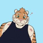 1:1 anthro big_pecs felid feline fur green_eyes heart_symbol hi_res looking_at_viewer looking_down looking_down_at_viewer male mammal mandofruit muscular muscular_male nipples pantherine pec_pov_meme pecs remmy_(colt_wolf) smile solo striped_body striped_fur stripes tiger