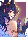  1girl animal_ears bare_shoulders black_gloves black_hair cassandra_(dragalia_lost) cosmetics dragalia_lost elbow_gloves gloves hand_mirror holding holding_lipstick_tube holding_mirror lipstick lipstick_tube long_hair looking_at_viewer makeup mirror parted_lips rabbit_ears red_eyes smile solo upper_body vaccariia 