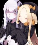  :3 abigail_williams_(fate/grand_order) albino black_background black_bow black_hat blush bow closed_eyes commentary_request fate/grand_order fate_(series) hair_between_eyes hair_bow hat horn hug hug_from_behind lavinia_whateley_(fate/grand_order) multiple_girls namataro orange_bow pale_skin pink_eyes polka_dot polka_dot_bow shaded_face sleeves_past_wrists sweat 