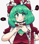  1girl bow breasts cleavage commission frilled_bow frilled_ribbon frills front_ponytail green_eyes green_hair hair_bow hair_ribbon heart highres kagiyama_hina notnoe_(dxcl) puffy_short_sleeves puffy_sleeves red_bow red_ribbon ribbon short_sleeves smile solo touhou upper_body 