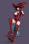  1girl black_choker black_hair bob_cut boots breasts choker grey_background guilty_gear guitar hat holding holding_guitar holding_instrument i-no instrument kara_(color) large_breasts mole mole_above_mouth red_footwear red_hat revealing_clothes short_hair simple_background solo thigh_boots 