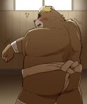 2024 anthro ashigara_(tas) asian_clothing bear blush brown_body butt clothing detailed_background east_asian_clothing hi_res hon55728 japanese_clothing kemono lifewonders male mammal mawashi overweight overweight_male solo sumo sumo_wrestler tokyo_afterschool_summoners