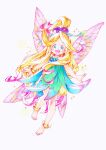  1girl bare_shoulders barefoot blonde_hair blue_eyes blush butterfly_wings commentary_request dress faerie_(seiken_densetsu_3) full_body highres insect_wings long_hair looking_at_viewer motoko_(taom) open_mouth pointy_ears seiken_densetsu seiken_densetsu_3 simple_background smile solo very_long_hair wings 