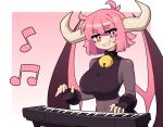  1girl ahoge bell black_gloves border breasts bright_pupils daigada demon_girl demon_horns demon_wings english_commentary fingerless_gloves gloves gradient_background highres horns inset_border instrument keyboard_(instrument) large_breasts looking_at_viewer music musical_note navel neck_bell original pink_background pink_eyes pink_hair playing_instrument sharp_teeth shirt short_hair sleeveless sleeveless_shirt smile solo teeth white_background white_border white_pupils wings 