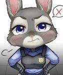  anthro badge blue_eyes blush breasts clothing disney eyelashes frown fur grey_fur judy_hopps kinokoningen lagomorph looking_at_viewer mammal police police_uniform rabbit raised_eyebrow reaction_image solo speech_bubble uniform zootopia 