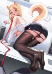  1girl absurdres all_fours animal_ear_fluff animal_ears black_nails black_skirt blonde_hair blush breasts condom condom_wrapper desk dog_ears dog_tail dutch_angle ear_piercing extra_ears fran_(gudanco_(nyanmeowzer)) from_behind full_body green_eyes gudanco_(nyanmeowzer) highres holding holding_condom indoors large_breasts long_hair nipples no_shoes object_insertion on_desk open_mouth original piercing skirt solo tail thighhighs tongue tongue_out torn_clothes torn_thighhighs vaginal vaginal_object_insertion 