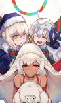  :&gt; :d :o ^_^ ahoge altera_(fate) altera_the_santa artoria_pendragon_(all) bangs bare_shoulders bell black_gloves blue_capelet blue_gloves blue_hat blush bow capelet choker closed_eyes closed_mouth collarbone commentary_request dark_skin detached_sleeves eyebrows_visible_through_hair facing_viewer fate/grand_order fate_(series) fur-trimmed_capelet fur-trimmed_hat fur_trim gloves hair_between_eyes hat headpiece highres jeanne_d'arc_(fate)_(all) jeanne_d'arc_alter_santa_lily long_hair looking_at_viewer multiple_girls open_mouth pantie_painting red_choker red_eyes ribbon saber_alter santa_alter santa_hat sheep silver_hair smile striped striped_bow striped_ribbon upper_teeth v veil white_capelet white_hair yellow_eyes 