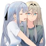  2girls ak-12_(girls&#039;_frontline) an-94_(girls&#039;_frontline) blonde_hair blue_eyes blush breasts closed_eyes closed_mouth drooling girls&#039;_frontline green_shirt grey_hair hair_between_eyes hair_ribbon highres long_hair medium_breasts mouth_drool multiple_girls open_mouth ribbon shirt short_sleeves simple_background sleeping sleeping_on_person talnory upper_body white_background white_shirt 