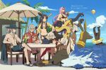  2boys 5girls :t animal animal_ears antenna_hair arm_up arms_up asaya_minoru ball beach_umbrella beachball bikini black_bikini black_gloves black_hair black_jacket bottle chair character_request closed_eyes closed_mouth collared_shirt dress_shirt eating edmond_dantes_(fate) facial_mark fate/grand_order fate_(series) forehead_mark gloves grey_hair hair_between_eyes hand_on_own_head hawaiian_shirt headless hessian_(fate) holding holding_bottle holding_spoon horizon jackal_ears jacket jeanne_d&#039;arc_alter_(fate) jeanne_d&#039;arc_alter_(swimsuit_berserker)_(fate) lobo_(fate) long_hair medusa_(fate) multiple_boys multiple_girls navel nitocris_(fate) nitocris_alter_(fate) ocean on_chair open_clothes open_jacket outdoors palm_tree parfait parted_bangs red_shirt shirt shrug_(clothing) sitting spoon swimsuit table tablet_pc taira_no_kagekiyo_(fate) taira_no_kagekiyo_(pinky_beach)_(fate) topless_male tree umbrella ushiwakamaru_(fate) very_long_hair water white_bikini white_hair wolf yellow_jacket 
