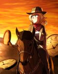  1girl absurdres bandana bandolier blonde_hair blue_eyes blush bob_cut boots brown_capelet brown_coat brown_hat brown_skirt capelet chaps clock closed_mouth coat commentary cowboy_boots cowboy_hat ddolbang desert english_commentary hair_ornament hat high-waist_skirt highres hololive hololive_english horse horseback_riding looking_to_the_side messy_hair outdoors plaid plaid_skirt red_bandana riding shirt short_hair skirt sunset virtual_youtuber watson_amelia watson_amelia_(1st_costume) white_shirt 
