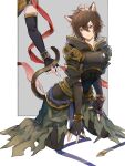  2boys ahoge alternate_costume animal_ears arm_support armor belt blue_belt bracelet breastplate brown_hair cape cat_ears cat_tail commentary_request elbow_gloves fingerless_gloves frown gloves granblue_fantasy green_cape grey_background hair_between_eyes hood hood_down iwashi_(morpho000) jewelry kemonomimi_mode kneeling lucifer_(shingeki_no_bahamut) messy_hair multiple_boys pants red_eyes red_ribbon ribbon sandalphon_(granblue_fantasy) short_hair short_sleeves shoulder_armor tail tail_grab tight_clothes tight_pants yaoi 