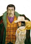  1boy 1girl absurdres ascot black_hair cigar coat cowboy_hat crocodile_(one_piece) earrings english_commentary fur-trimmed_coat fur_trim hair_slicked_back hat highres hook_hand jewelry long_sleeves looking_at_viewer looking_back looking_to_the_side loose_hair_strand nico_robin nirelle_art one_piece purple_ascot simple_background single_earring stitched_face stitches waistcoat white_background white_coat white_hat 